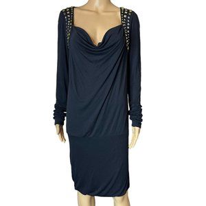 BCBG Maxazria Shift Dress Medium Black Studded Stretch Long Sleeves Knee Length